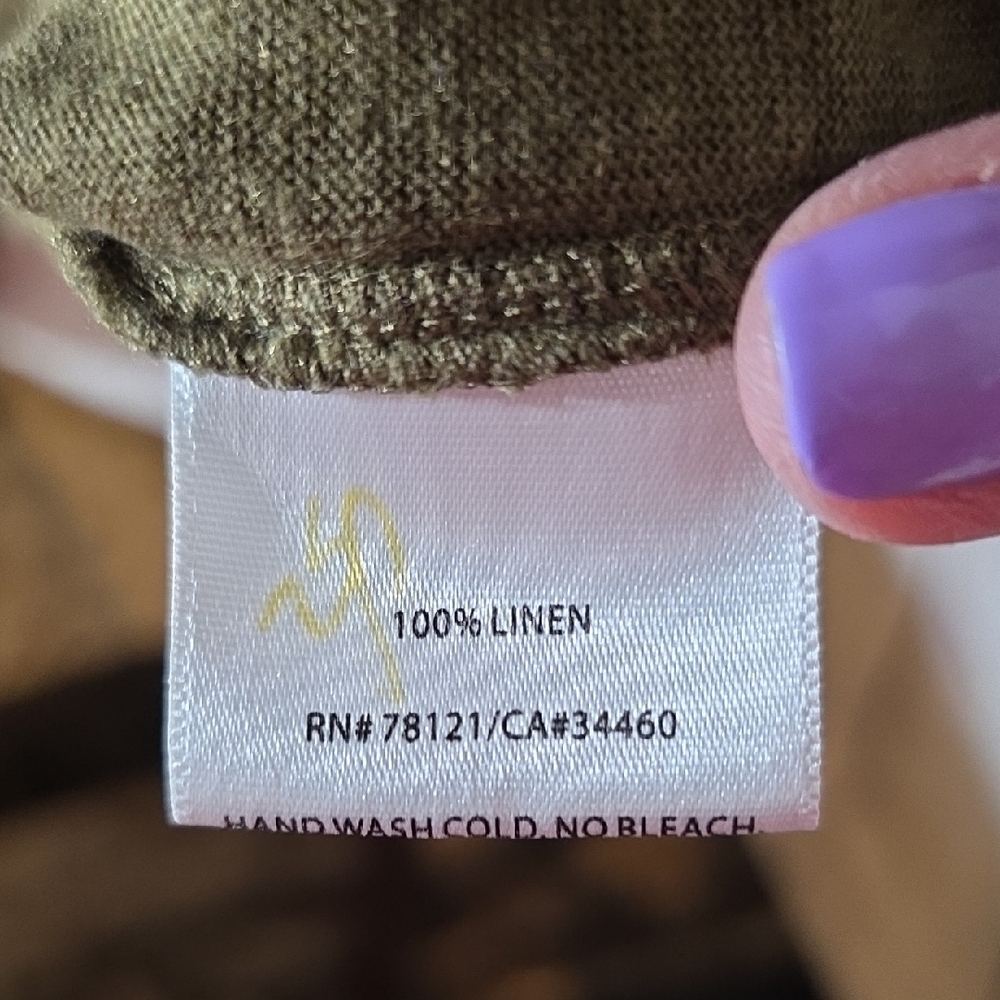 Eileen Fisher 100% Organic Linen V-Neck‎ Top Olive Green Slub Knit PM - Picture 3 of 7